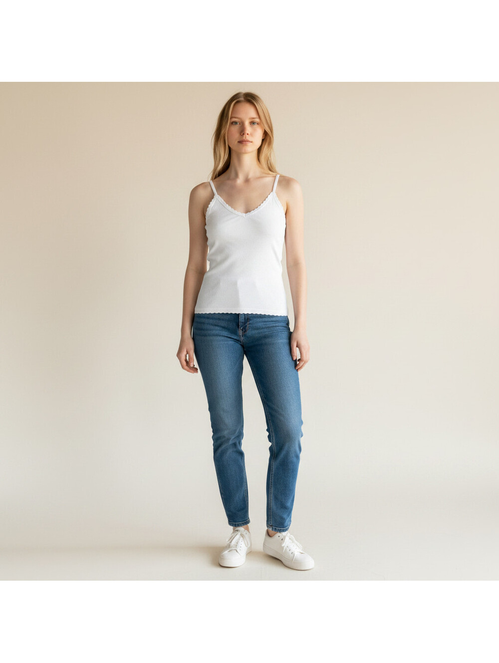 Hem & Thread Top Women L Large White V-Neck Linen Sleeveless Wide Strap Casual